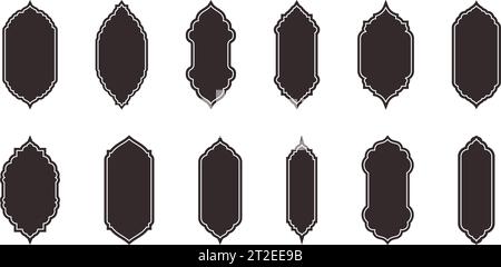 Islamic window flat color and line shape collection. Black and white colors. Arabic, muslim architecture frame. Traditional, oriental design Stock Vector