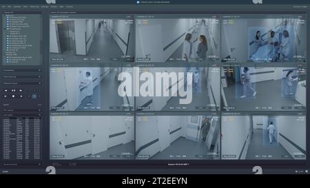 Playback CCTV cameras in hospital hallway on computer or tablet screen. User interface of monitoring program and people AI recognition system. Security cameras. Concept of surveillance and tracking. Stock Photo