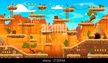 Arcade game level map with wild west western platforms, canyons, rocks ...