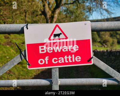 A rectangular red and white sign fixed to a metal farm gate advising walkers to Beware of Cattle that might be loose. Taken on a sunny day in Autumn. Stock Photo