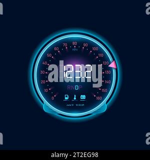 Car speedometer neon dial, speed gauge dashboard or counter interface, vector digital indicator. Car speed meter or speedometer tachometer with arrow, odometer with fuel, mph and engine gear LED panel Stock Vector
