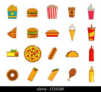 Thin fast food icons. Takeaway cafe or street restaurant food, drinks, ice cream and dessert meals thin line symbols or pictograms vector set with french fries, popcorn and taco, soda, pizza, burger Stock Vector