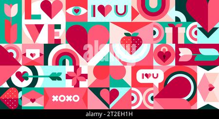 Valentine Bauhaus modern geometric pattern. Saint Valentine holiday, february celebration or couple romance greeting card design vector print with Bauhaus heart, strawberry, love letter shapes Stock Vector