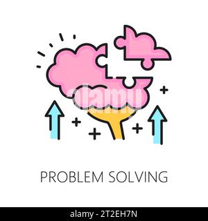 Mental health icon, problem solving psychological disorder problems vector linear sign. Healthy brain with puzzle piece, represents mental wellbeing, resilience, and the ability to overcome challenges Stock Vector