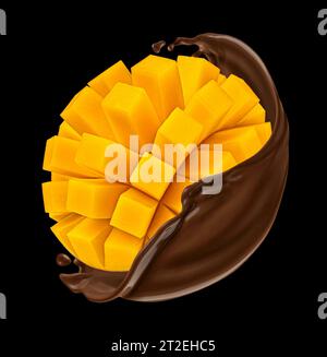 Mango in chocolate splash on black background Stock Photo