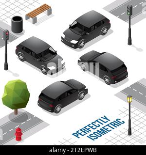 Black Isometric Hatchback Car from Front Back Right and Left isolated on White Stock Vector