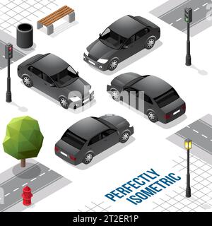 Black Isometric Long Car from Front Back Right and Left isolated on White Stock Vector