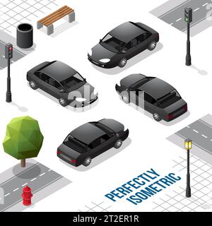 Black Isometric Car from Front Back Right and Left isolated on White Stock Vector