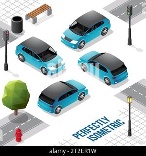Blue and Black Isometric Hatchback Car from Front Back Right and Left isolated on White Stock Vector
