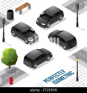 Black Small Isometric Car from Front Back Right and Left isolated on White Stock Vector