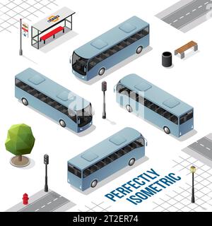 Blue Grey Isometric Bus from the Front Back Right and Left isolated on White Stock Vector