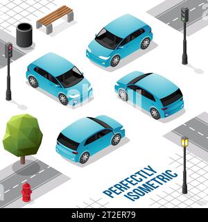 Blue Small Isometric Car from Front Back Right and Left isolated on White Stock Vector