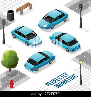 Blue Isometric Car from Front Back Right and Left isolated on White Stock Vector