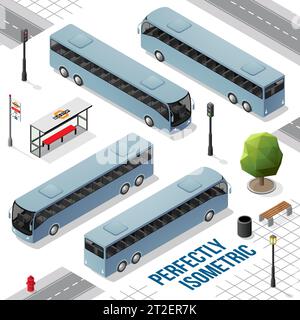 Blue Grey Long Isometric Bus from the Front Back Right and Left isolated on White Stock Vector