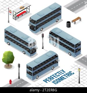 Blue Grey Double Decker Isometric Bus from the Front Back Right and Left isolated on White Stock Vector