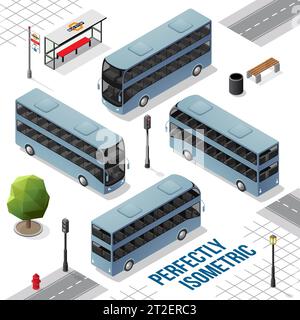 Blue Grey and Black Double Decker Isometric Bus from the Front Back Right and Left isolated on White Stock Vector