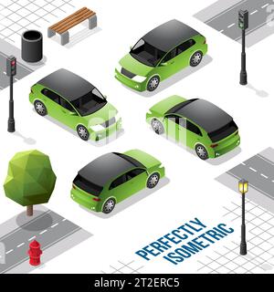 Green and Black Isometric Hatchback Car from Front Back Right and Left isolated on White Stock Vector