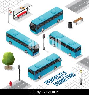 Blue Isometric Bus from the Front Back Right and Left isolated on White Stock Vector