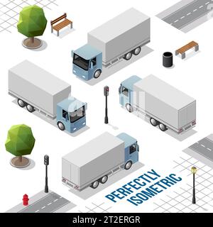 Grey Blue Isometric Big Truck from the Front Back Right and Left Views isolated on White Stock Vector