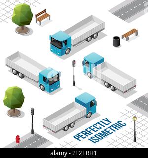 Blue Isometric Truck from the Front Back Right and Left Views isolated on White Stock Vector