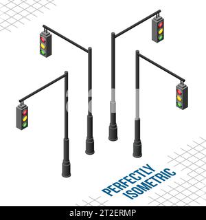 Isometric 4 Hanging Traffic Lights isolated on a White Background Stock Vector