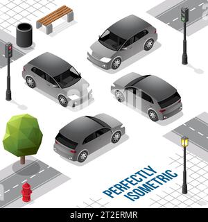 Grey and Black Isometric Hatchback Car from Front Back Right and Left isolated on White Stock Vector