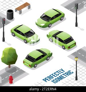 Green Isometric Car from Front Back Right and Left isolated on White Stock Vector