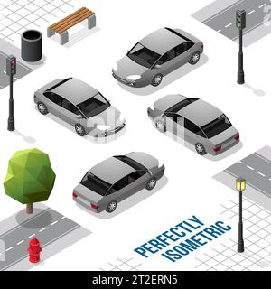 Grey Isometric Car from Front Back Right and Left isolated on White Stock Vector