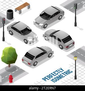 Grey Isometric Long Car from Front Back Right and Left isolated on White Stock Vector