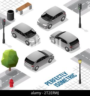 Grey Small Isometric Car from Front Back Right and Left isolated on White Stock Vector