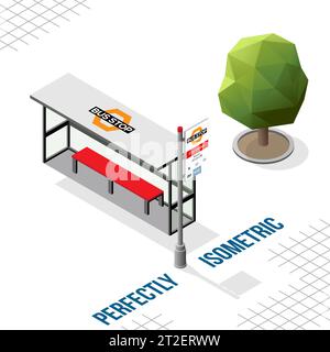 Isometric Bus Stop Facing Left with a Tree isolated on a White Background Stock Vector