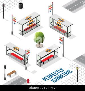 Isometric Bus Stops from Front Back Right and Left Views isolated on a White Background Stock Vector