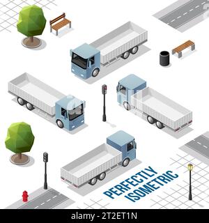 Grey Blue Isometric Truck from the Front Back Right and Left Views isolated on White Stock Vector
