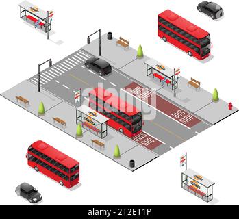 Isometric Bus Stops with Vehicles isolated on a White Background Stock Vector