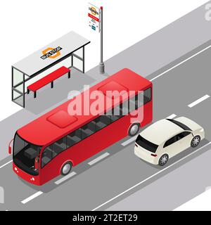 Isometric Bus Stop and Road Facing Right isolated on a White Background Stock Vector