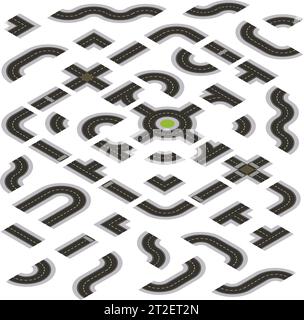 Isometric Dark Grey Road Building Kit isolated on a White Background Stock Vector