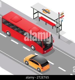 Isometric Bus Stop and Road Facing Left isolated on a White Background Stock Vector