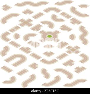 Isometric Light Brown Road Building Kit isolated on a White Background Stock Vector