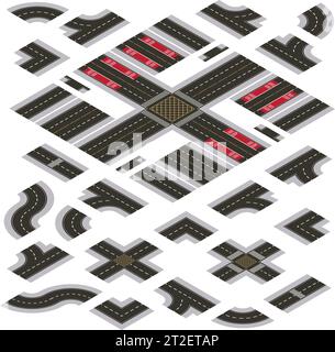 Isometric Dark Grey Main Street and Road Building Kit isolated on a White Background Stock Vector