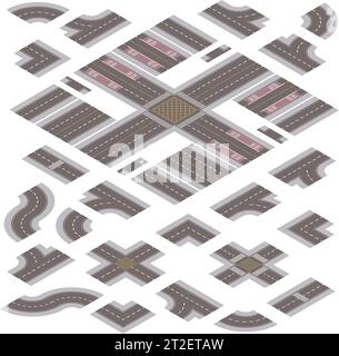 Isometric Grey Main Street and Road Building Kit isolated on a White Background Stock Vector