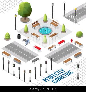 Isometric Outdoor Objects and Street Elements isolated on a White Background Stock Vector