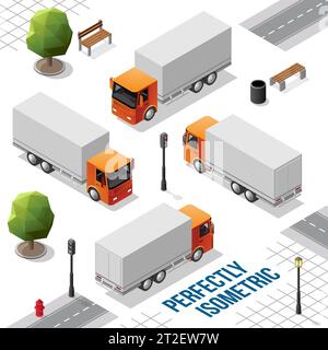 Orange Isometric Big Truck from the Front Back Right and Left Views isolated on White Stock Vector