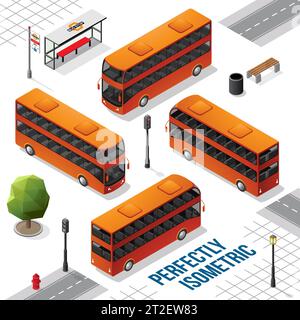 Orange Double Decker Isometric Bus from the Front Back Right and Left isolated on White Stock Vector
