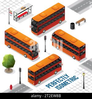 Orange and Black Double Decker Isometric Bus from the Front Back Right and Left isolated on White Stock Vector