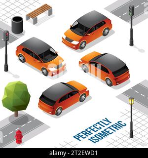 Orange and Black Isometric Hatchback Car from Front Back Right and Left isolated on White Stock Vector