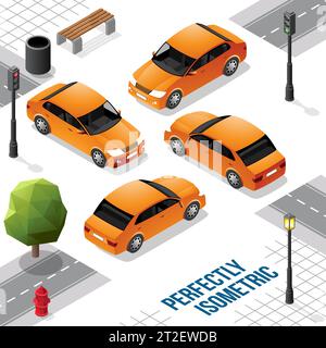 Orange Isometric Long Car from Front Back Right and Left isolated on White Stock Vector