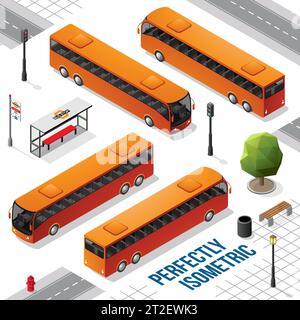 Orange Long Isometric Bus from the Front Back Right and Left isolated on White Stock Vector