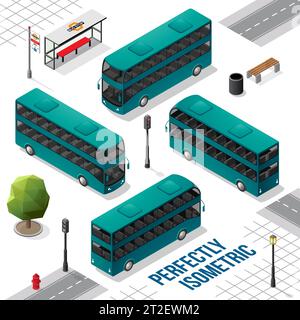 Persian Green Double Decker Isometric Bus from the Front Back Right and Left isolated on White Stock Vector