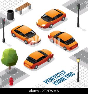 Orange Isometric Car from Front Back Right and Left isolated on White Stock Vector