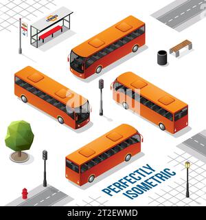 Orange Isometric Bus from the Front Back Right and Left isolated on White Stock Vector